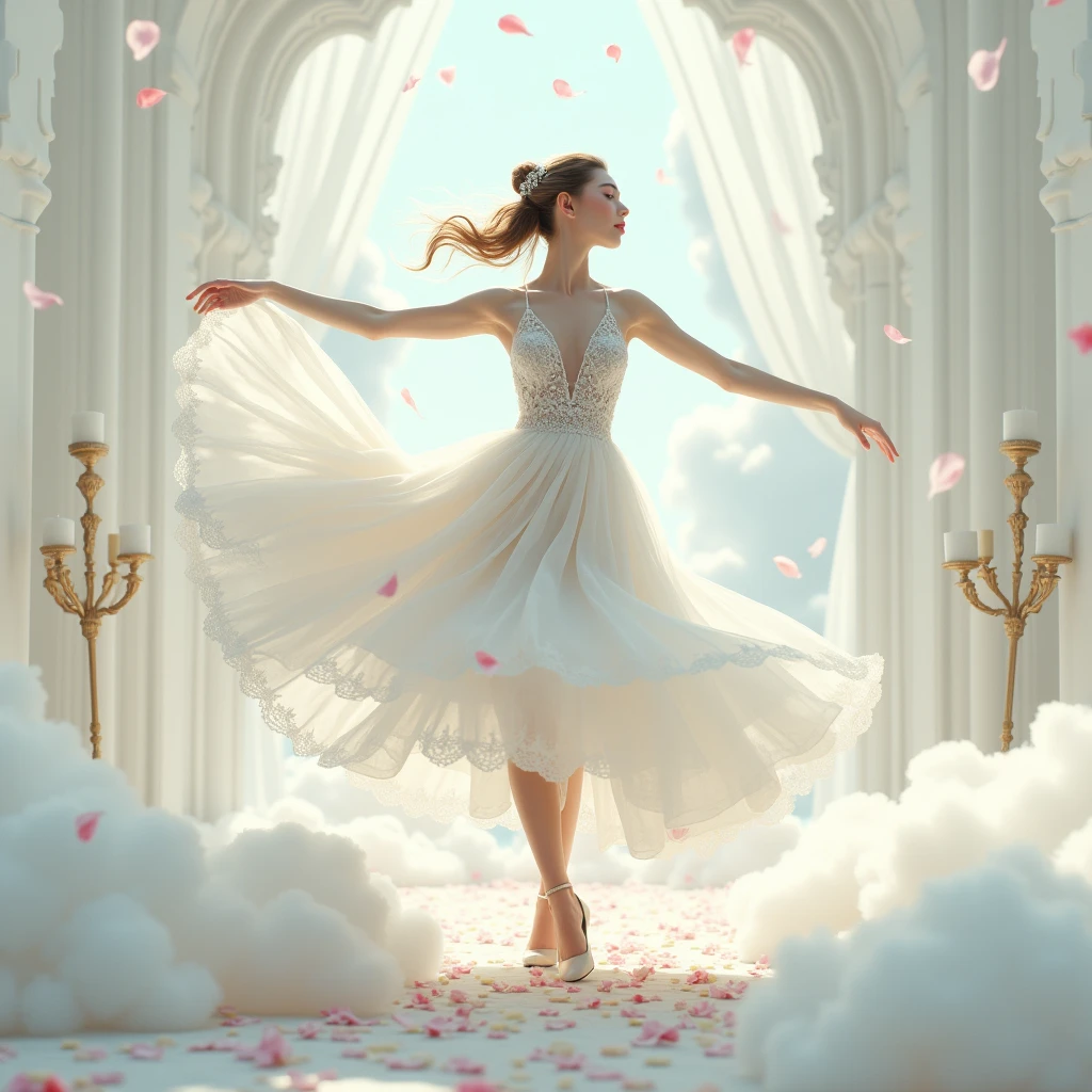 Running on the clouds,  there stands a cute girl, in extravagant clothes,  away from the fog around and at the feet, minimalist, elegant, pure gentle, Soft bright light, veil, curtains, lace, beautiful white summerhouse with candilabra, photorealistic , with huge and long petals. (petal made of thin and soft tulle, flowing petals full background, floating petals, hyperflying petals, at the feet Mix of white smoke and fog effects from colored fog on the ground and petals). Extravagant, beautiful woman full length, nice legs,shoes, in a fast dance in a flying pose,  lace,gold,white staircase, strewn with pale pink and yellow roses