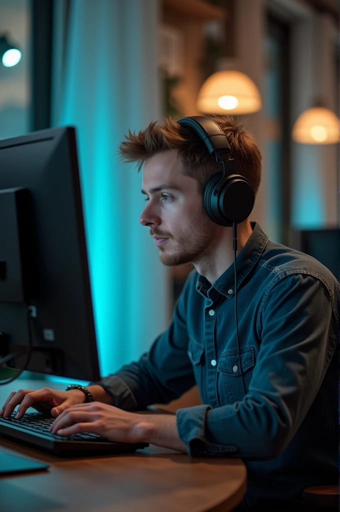 Guy with train instead of head typing on computer
