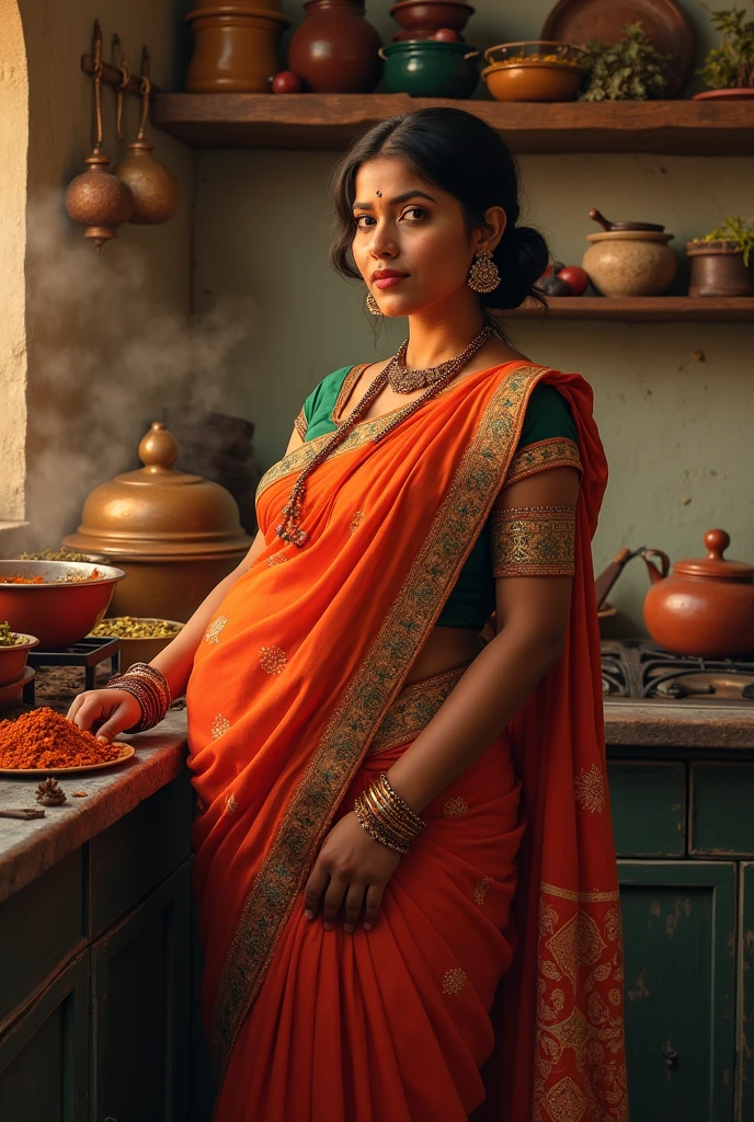 Marathi woman, curvy hourglass body, in Desi kitchen 