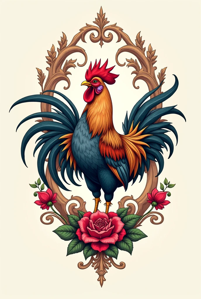 Rooster tattoo , tatoo, fine line, with arabesques highlighted, More Detailed, Improve, em desenho para tatoo, with arabesques on the sides, with more colorful details 