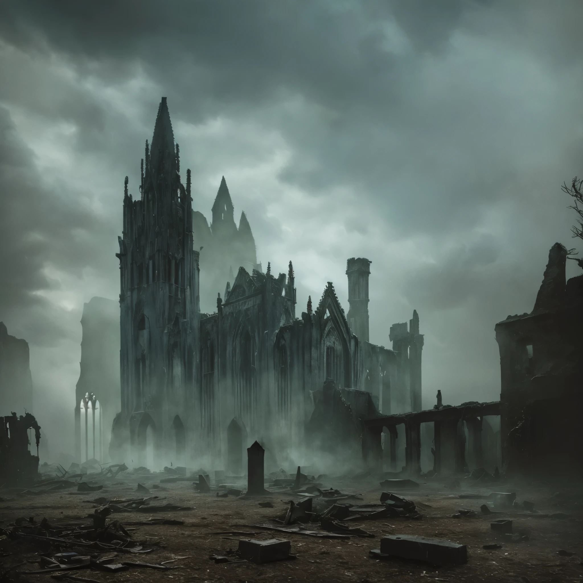a horrifying skeletal figure, decrepit gothic ruins, decaying architecture, eerie atmosphere, dark mood, dramatic lighting, moody and ominous, gloomy and foreboding, moody blue and green tones, chiaroscuro lighting, dramatic shadows, highly detailed, intricate textures, (best quality,4k,8k,highres,masterpiece:1.2),ultra-detailed,(realistic,photorealistic,photo-realistic:1.37),cinematic composition