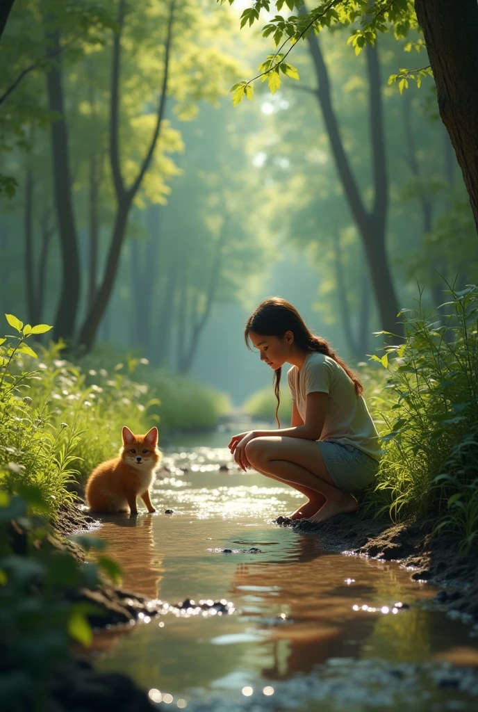 Show Mia by a small, sparkling stream in the forest. She is kneeling beside the water, noticing tiny paw prints in the mud. Her face lights up with hope, and the forest around her is a mix of light and shadow, with the gentle stream flowing beside her.