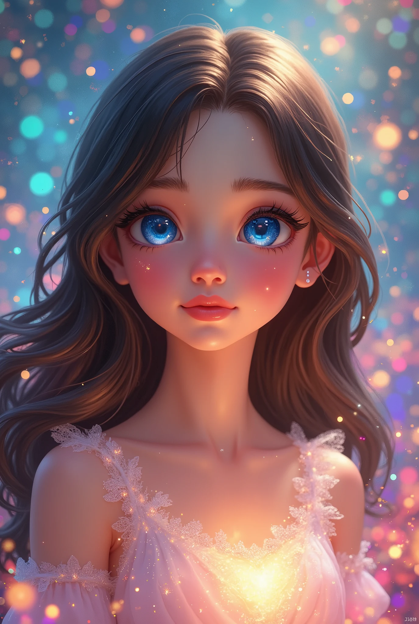 A painting of a young girl with long dark brown hair and big, bright blue eyes. She is wearing a white shimmering dress and has an oval face with smooth white skin.  Her eyes have small, clear teardrops like dewdrops. She has light pink lips. She stands surrounded by bright colorful lights, and the surrounding her has a rainbow light coming out. The picture is full of vibrant and cheerful vibes, filled with love and hope. 