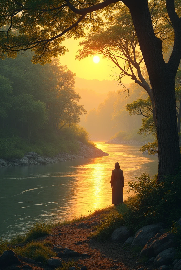 a sunset, a mighty river, Next to the river there are many trees and a shadow of a person in the background