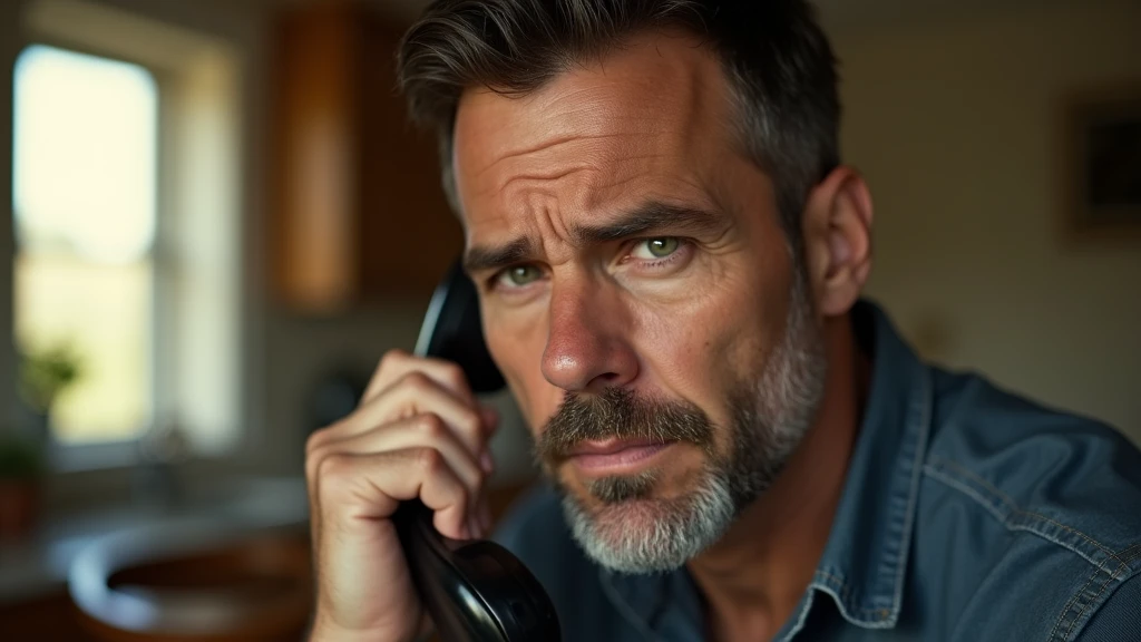 Ultra-realistic portrait of a man in his 40s. He has brown hair with a few white strands, a neatly trimmed beard and green eyes that reflect concern and determination. His face is well defined and his expression suggests seriousness and urgency. The portrait should be from the waist up. He is wearing a casual shirt.
The man is in a domestic setting, holding a telephone. The environment should include a table and a window in the background, but should be blurred so as not to distract from the main subject.
The lighting should be soft and natural, with morning light coming from a window, creating subtle shadows that accentuate the man's worried expression. The light should highlight the green eyes and the texture of the skin, emphasizing the seriousness of the situation.
The image should convey a sense of urgency and concern, with a touch of tension. Suggest a warm color palette, such as golds and browns, that complements the atmosphere of the morning.
The photo should be of high quality, with 8k rendering and extreme detail, capturing the emotional essence of the moment.