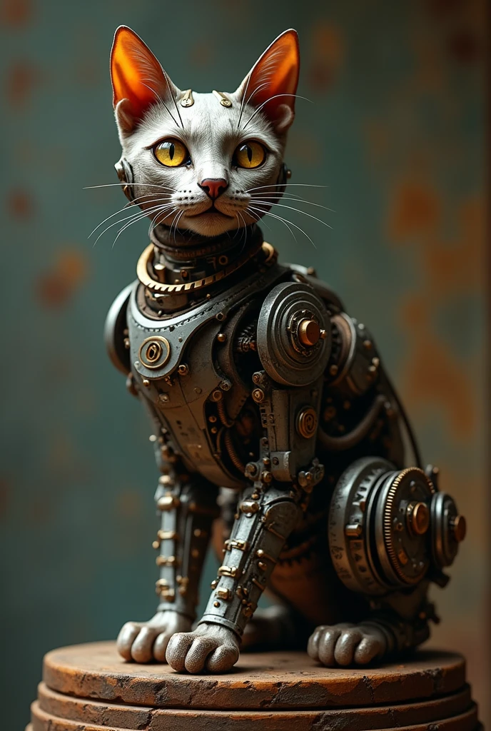 A majestic cyborg cat, crafted from intricately interconnected gears, copper wires, and polished metallic limbs, sits poised on a worn, industrial-style wooden pedestal, its body a mesmerizing blend of organic and mechanical elements, as envisioned by Alejandro Burdisio's unique cyberpunk art style. The cat's face, a masterful fusion of feline features and mechanical components, boasts gleaming brass eyes, a delicate, lace-like filigree of silver wires tracing the contours of its whiskers, and a subtle, enigmatic smile. The surrounding atmosphere is heavy with the scent of oil and machinery, as if the cat has just emerged from a smoke-filled, underground workshop. The warm, muted colors of the wooden pedestal and the subtle, rusty patina on the metal limbs evoke a sense of worn, dystopian elegance, while the delicate play of light on the cat's mechanical features hints at a deeper, more mysterious narrative. a cat  made out of gears and other metal parts, by Alejandro Burdisio, cyberpunk art, steampunk cat, a cyborg cat