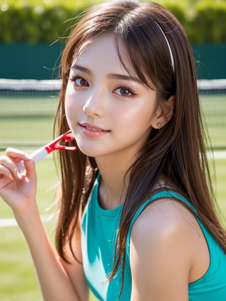 masterpiece, Highest quality, Very detailed, High resolution, (Realistic, photoRealistic:1.37), Excellent anatomy, One beautiful woman,tennis Club, A small smile,Play Tennis,Tennis Wear, (shape), Ultra short micro mini skirt, ((Very delicate and beautiful)), (Bokeh, Blurred outdoor background), Brown Hair, Long Hair, bangs, Floating Hair NovaFrog Style,Very beautiful face, Cute type, Big Natural Color Lip, Big and pretty eyes, Brown eyes, Obvious double, Small and cute nose, Brown eyes, Shiny highlight spots around the eyes, Character Focus, Tilt your head, The best light, Best Shadow, mysterious, Perfect Face, Very detailed, Soft Skin, (Glowing Skin, Sweaty: 1.2)&#39;Beautiful feet, Voluptuous thighs, Plump body, Huge breasts, (Expresses the roundness and softness of the chest area.........1), Beautiful body, (The perfect woman), 