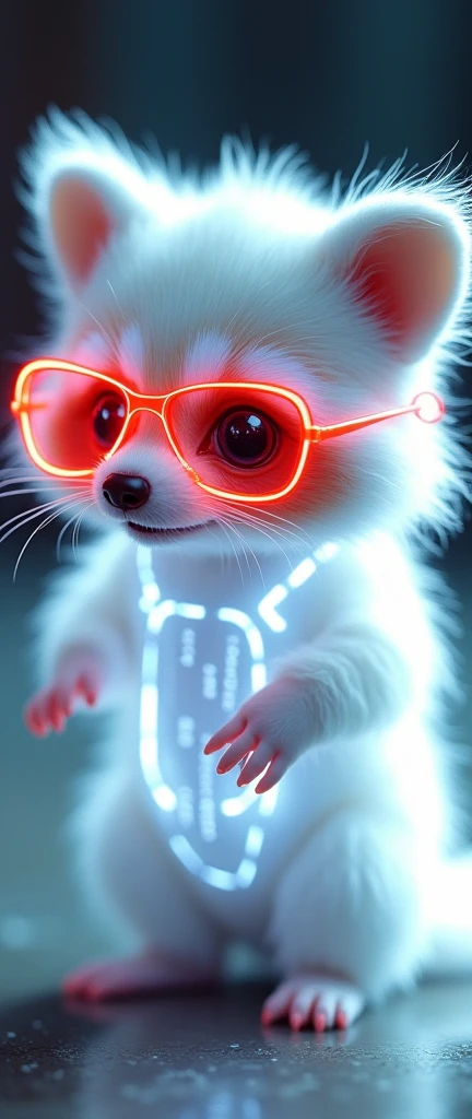 A photo of a cute extra fluffy baby realistic transparent albino raccoon wearing bright red neon glasses. The raccoon's eyes are replaced by streams of white binary code, creating a futuristic aesthetic. The raccoon's body is a white glow with a white flicker effect, giving it a ghostly appearance. The overall image has a double exposure effect with deep focus, enhancing the surreal atmosphere. The raccoon's body is adorned with a white gradient and features a bipyramidal fractal effect, making it appear as if the animal is made of light.
