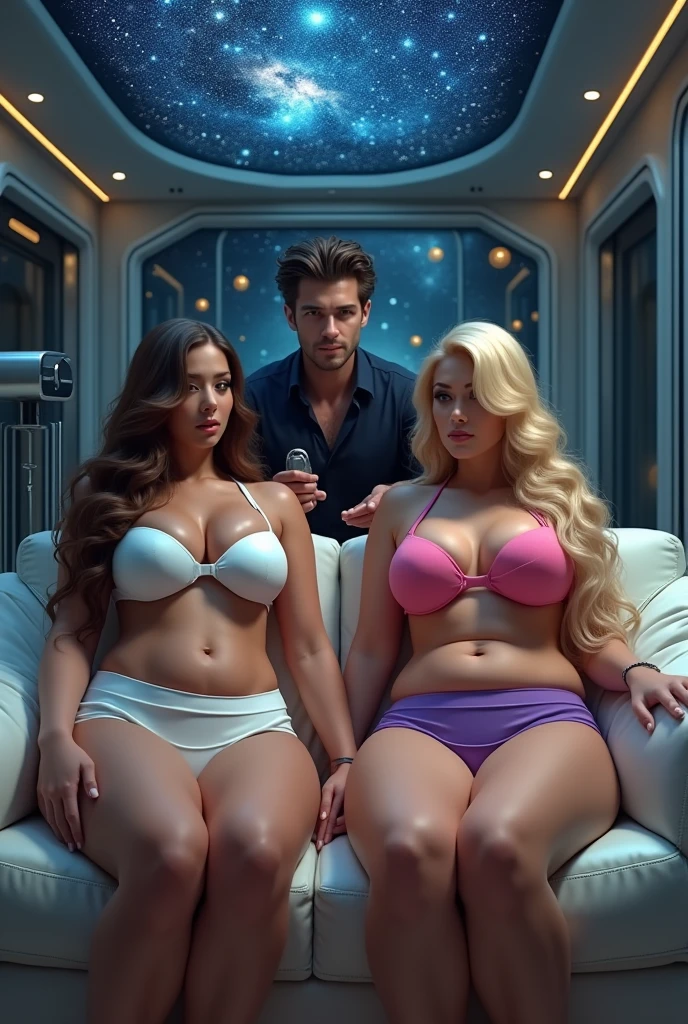 image of two sexy MILF women, both 3 with long brown hair with blonde highlights and the other with long blonde hair , talla 42DD, of very good and beautiful body, notebooks, with big breasts, while being examined by a 1 male, He has a device that looks like a small metal cylinder., They smile and joke as they lie on the couch in a futuristic room, that has a ceiling where images of the starry sky are projected. They are wearing white shorts and the other is wearing purple shorts with a low-cut pink top. Both of them, with details of golden planets and stars