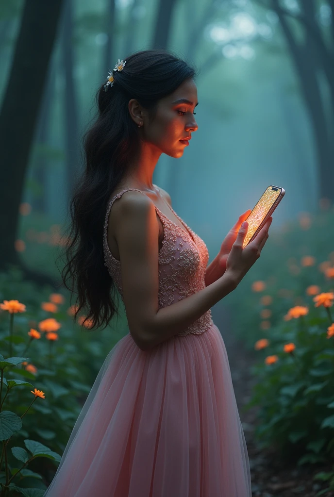 A serene young woman, with a smooth, olive-toned complexion, stands amidst a fantastical forest. Her hair, a tumble of rich, dark brown locks, flows down her back like a waterfall. Her eyes, a deep shade of emerald green, gaze off to the side with a tranquil expression. She wears a flowing pink evening gown with a sweetheart neckline, the intricate embroidery shimmering under the soft light. The delicate dress hugs her form, accentuating her petite frame. In her hand, she cradles a phone with iridescent butterfly wings, its bioluminescent screen glowing softly. The atmosphere is hushed, with a subtle, moonlit quality achieved through strategic placement of bioluminescent plants and the dark hues of the trees. The soft, diffused light casting a warm glow on the scene, like a gentle summer evening. This cinematic scene is reminiscent of the dreamy, mystical world created by the trailblazing director, Terrence Malick. The camera frames the scene to emphasize the quiet intimacy of the moment, with a soft focus on the woman, blurred trees and flowers fading into the background. The image appears to be shot on 35mm film, with a deliberate grain that adds to the ethereal quality. The color grading is muted, with a bias towards blues and greens, to create a sense of serenity and calm. A faint, creamy fog lingers in the distance, adding to the mystique of the scene. The overall aesthetic is a fusion of the natural world and the digital realm, blurring the lines between technology and the organic. The bioluminescent plants seem to be interacting with the woman's phone, as if the two worlds are converging in this idyllic, surreal setting, where time stands still and reality is but a distant memory.