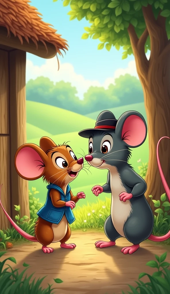 Setting: A small, cosy home in the countryside, surrounded by green fields and trees.
Visuals: The country mouse, a small and gentle-looking mouse with brown fur and bright, kind eyes, is seen preparing his simple home for a guest. He is wearing a little blue vest and appears to be in his late teens, full of energy and warmth. The home is made of wood, with a straw bed and a tiny table. Soon, his cousin, the city mouse, arrives. The city mouse is sleek and grey, with sharp eyes and a small hat perched on his head. He looks a bit older, maybe in his early twenties, and has an air of sophistication. The country mouse warmly welcomes his cousin and offers him simple food, like grains and fruits.
Show as cartoons