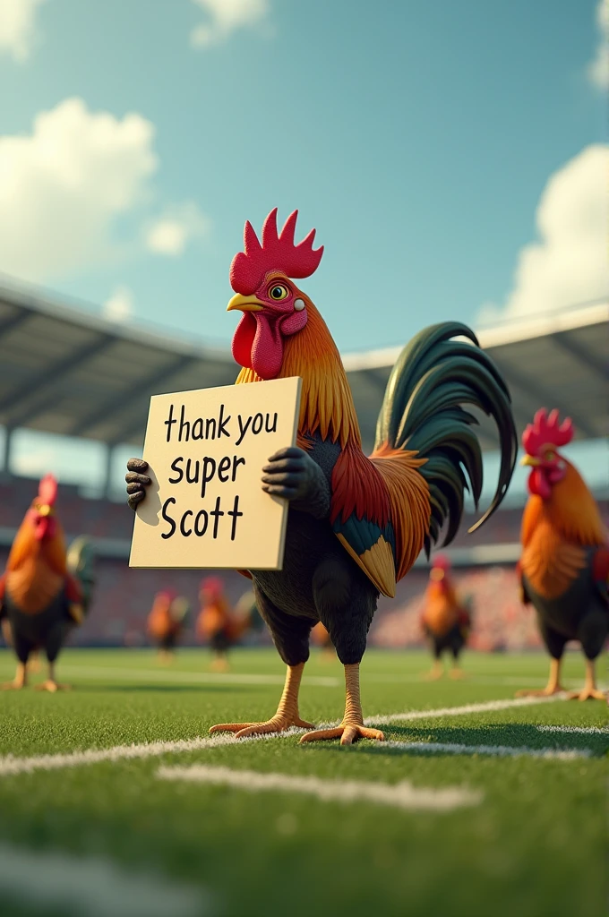 a picture of a roosters in a football field holding a sign that says "THANK YOU SUPER SCOTT"