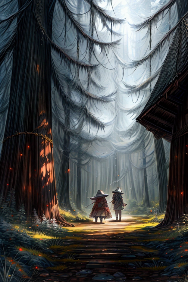 An ancient dwarf wizard stands in the middle of the damp forest, covered by his worn peaked hat and a dark brown cloak that reveals beautiful ornaments worn by time; he is walking in the middle of the forest in a moderate fog, accompanied by magical creatures, sharing smiles with him; although the wizard is old in age, his spirit is extremely young; masterpiece; UHD; 8k