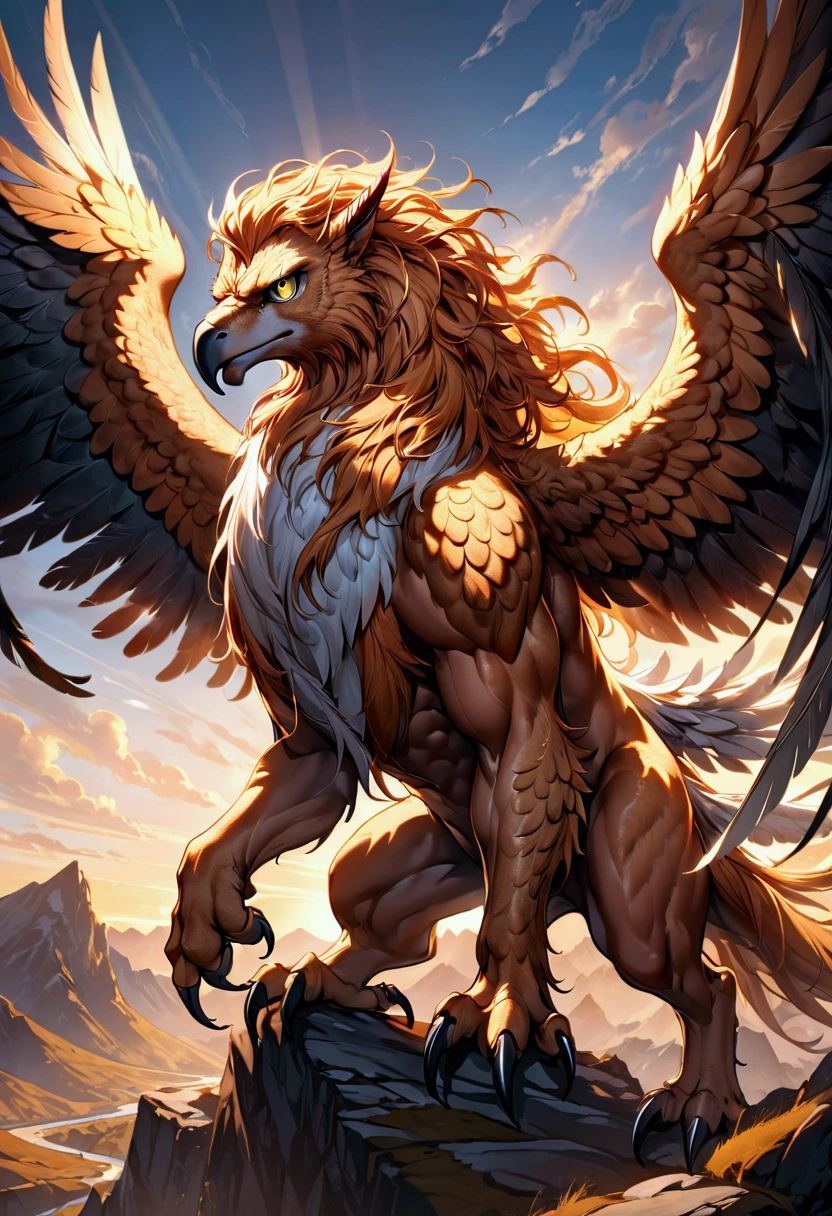 Griffin, a griffin, highly detailed, cinematic lighting, dramatic angle, fantasy art, muscular body, sharp talons, piercing eyes, majestic wings, powerful presence, rugged terrain, golden hour, dramatic shadows, intricate feather texture, flowing mane, 8k, masterpiece, best quality, very aesthetic, absurdres