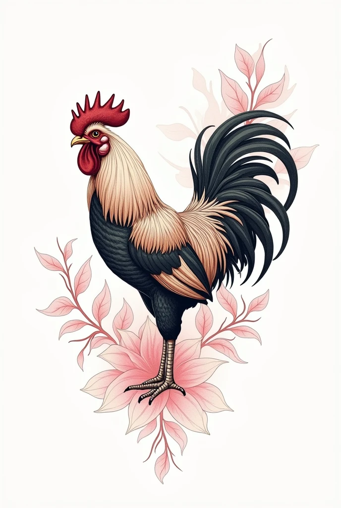 Rooster tattoo , tatoo, fine line, with arabesques highlighted, More Detailed, Improve, em desenho para tatoo, with arabesques on the sides, with more colorful details, with pinks 