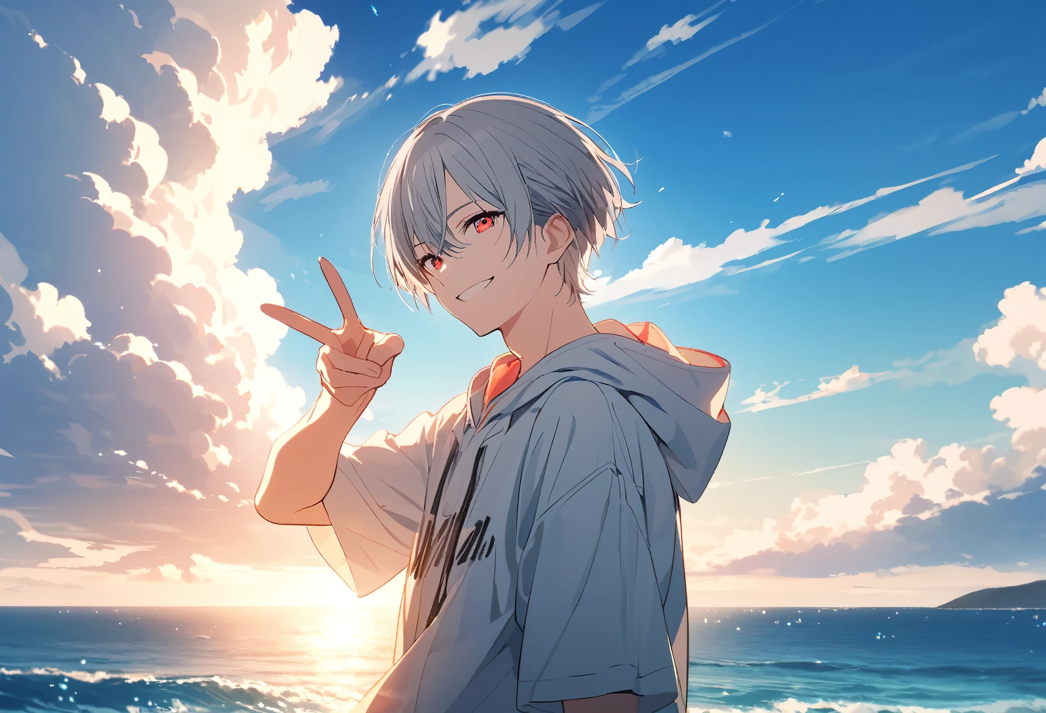 good looking, alone, 1 male, Gray Hair, Red eyes, shirt, Black and white hooded, noon, White Light,cute目,Short hairstyle,cute,Falling from the sky,綺麗なsummerの空,Lots of white clouds,summer,Ocean,Glittering scenery,bright,Blue sky,looking at the camera,Making a peace sign,smile
