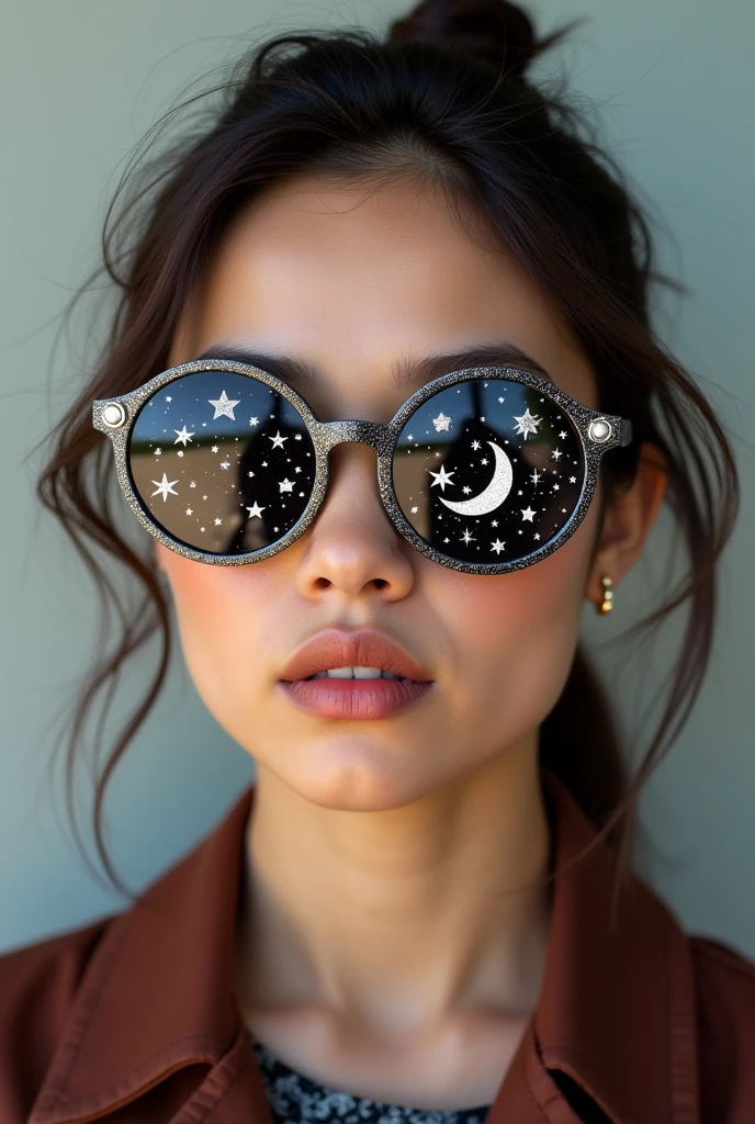 The model is wearing glass sunglasses with stars and the moon on the glass