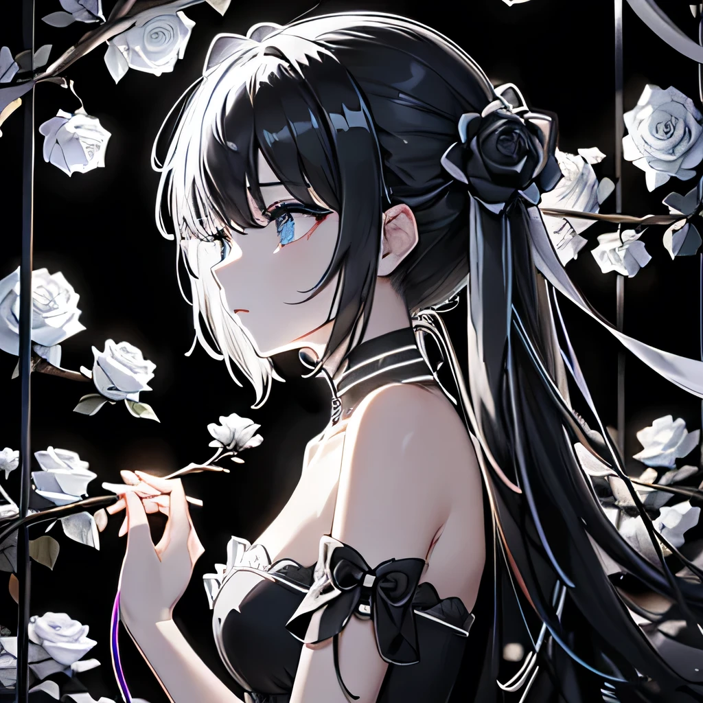 Lots of black and white roses、Background black、Line Art、Neon lights