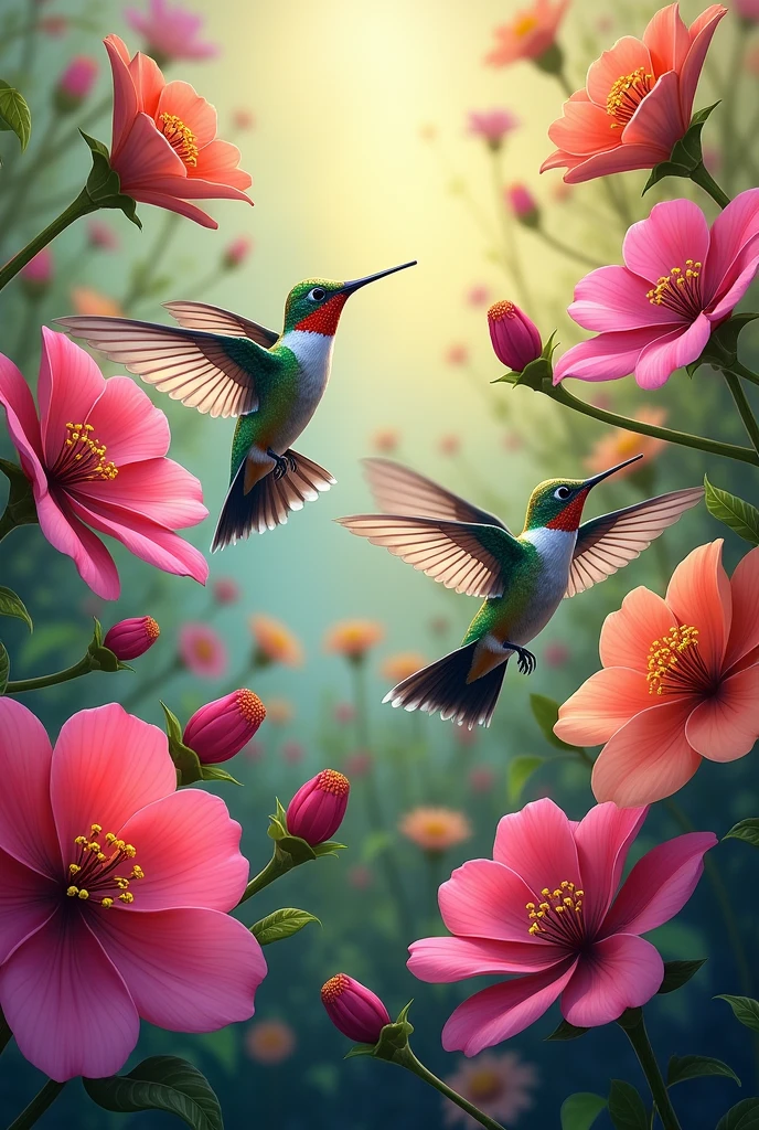 A vibrant and colorful illustration of real hummingbirds and flowers filling the page. The scene is lively and full of energy, with the hummingbirds captured in mid-flight, their wings a blur of motion as they hover around the brightly colored blossoms. Realistic Image