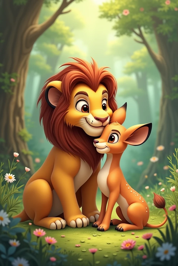 Un lion mignon qui soigne une gazelle version animé