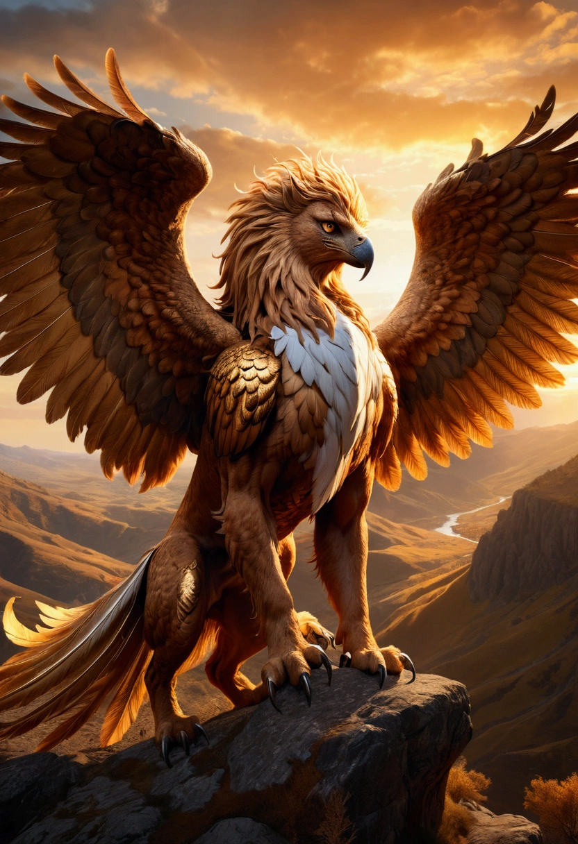 Griffin, a griffin, highly detailed, cinematic lighting, dramatic angle, fantasy art, muscular body, sharp talons, piercing eyes, majestic wings, powerful presence, rugged terrain, golden hour, dramatic shadows, intricate feather texture, flowing mane, 8k, masterpiece, best quality, very aesthetic, absurdres