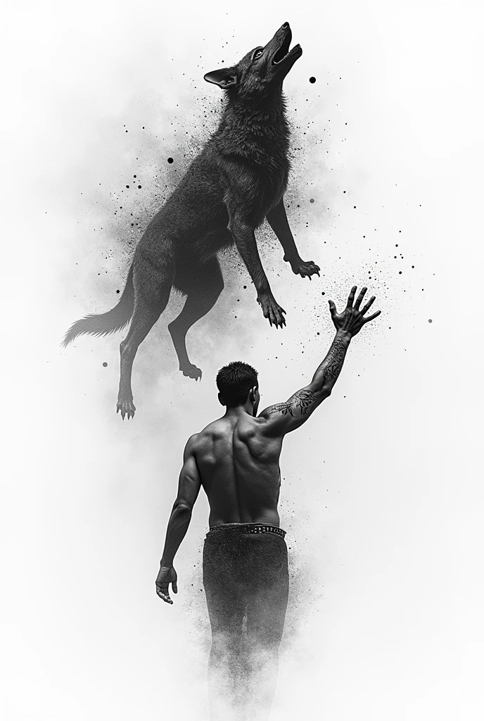 Create a black and white pointillism tattoo depicting a human figure with one hand outstretched towards an abstract shape of a wolf or dark creature, but instead of a normal hand, The figure might show a missing hand or a prominent scar in its place.. This hand or stump may be surrounded by symbols of power and justice., like a broken scale or a hammer, representing the sacrifice necessary to maintain balance. The figure may be facing forward, with an expression of determination and courage, symbolizing the acceptance of sacrifice as a path to victory.no shadows, a tattoo in pointillism and light tones