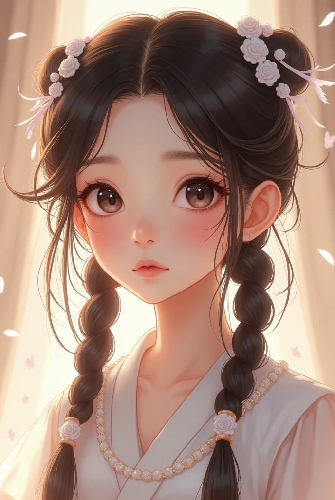 Chinese girl, Sweet and lovely girl, big eyes, illustrations, long hair, braids, fluffy hair, front, film angle, reflective hair, watery eyes, looking at you, facial details, facial focus, masterpiece, best quality, extremely delicate and beautiful, dynamic angle, complex details, beautiful and delicate eyes, delicate face, delicate and clear facial features, tender lips, real, lovely, focus, clear lines, 8k high-resolution, good-looking, smiling, wearing white dress, fashionable and beautiful, depth of field