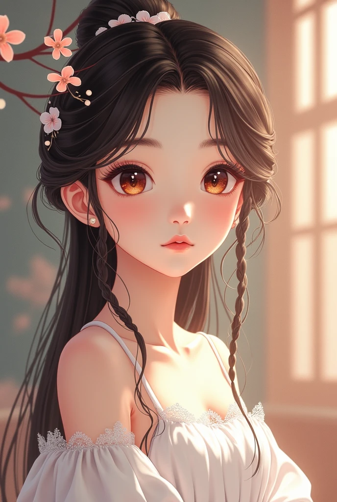 Chinese girl, Sweet and lovely girl, big eyes, illustrations, long hair, braids, fluffy hair, front, film angle, reflective hair, watery eyes, looking at you, facial details, facial focus, masterpiece, best quality, extremely delicate and beautiful, dynamic angle, complex details, beautiful and delicate eyes, delicate face, delicate and clear facial features, tender lips, real, lovely, focus, clear lines, 8k high-resolution, good-looking, smiling, wearing white dress, fashionable and beautiful, depth of field