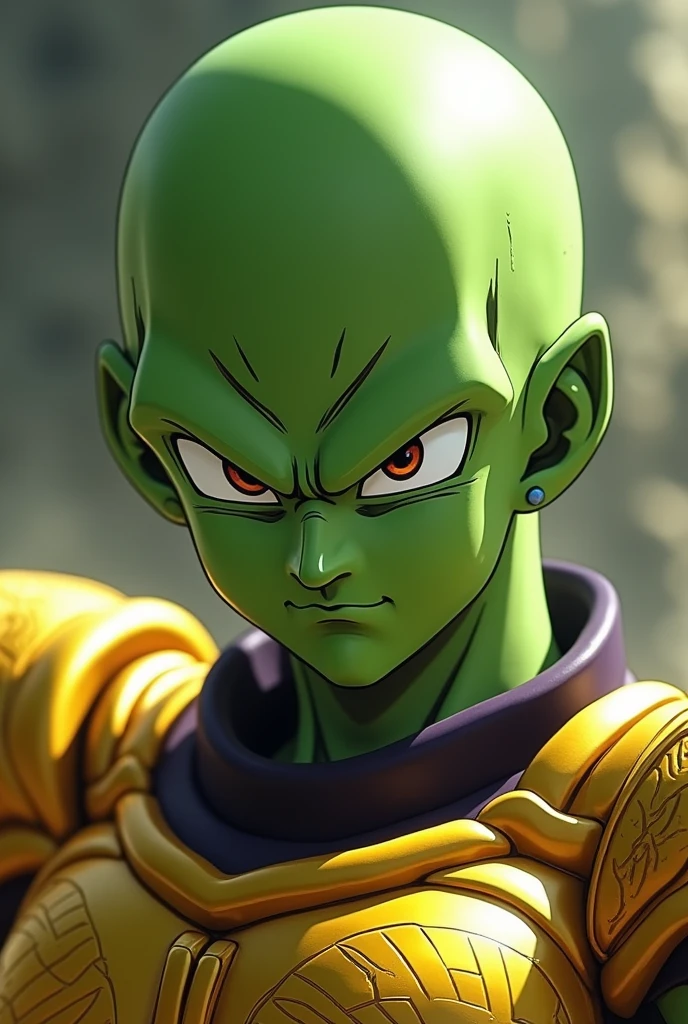 image of Picoolo from Dragon Ball , with the golden armor of Gemini from Knights of the Zodiac, image showing only the shoulders up, with the serious character, with a slight smile on your face 