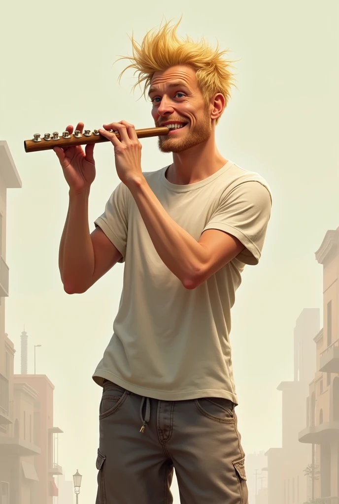 ugly blond guy with short hair in shorts and a t-shirt playing the flute