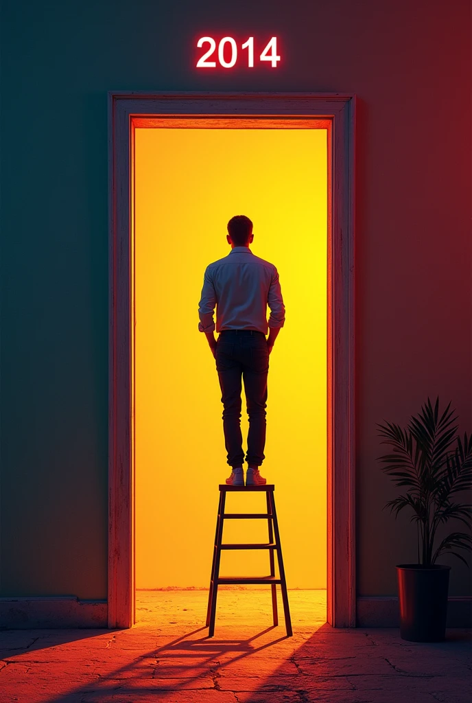 Create a man at the top of a ladder in front of a bright door.. Above the door it says 2014. The man is wearing casual but very elegant clothes..