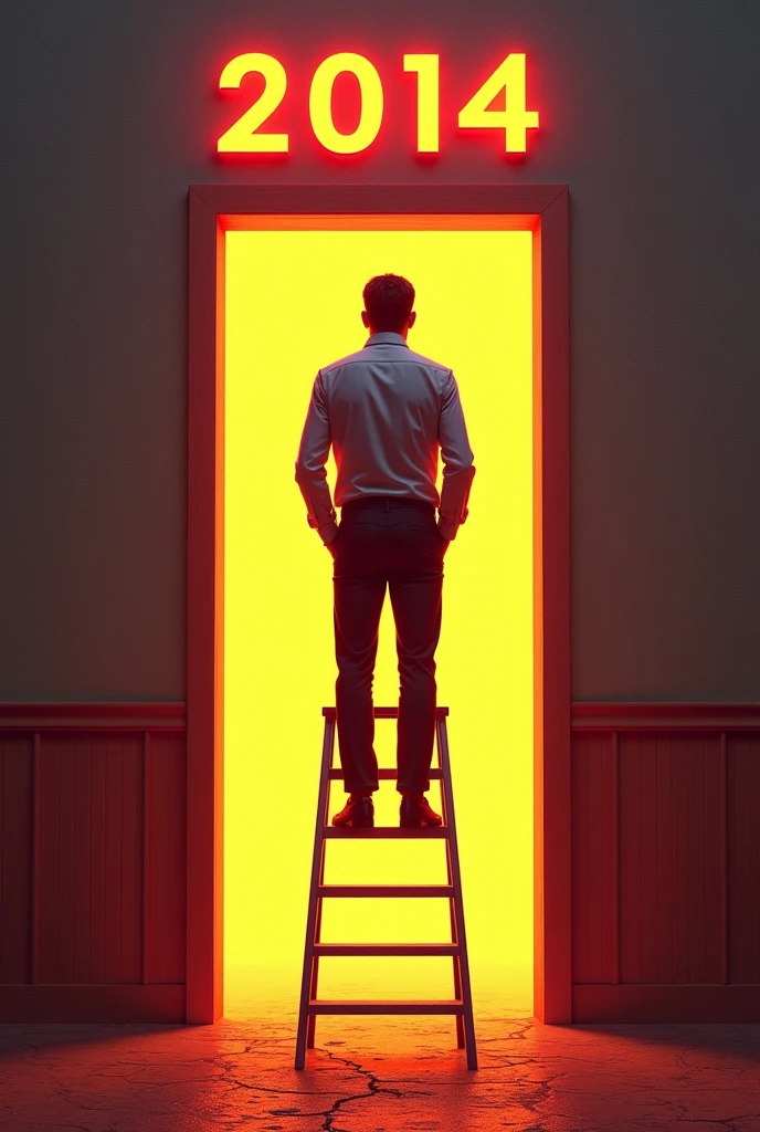 Create a man at the top of a ladder in front of a bright door.. Above the door it says 2014. The man is wearing casual but very elegant clothes.. 
