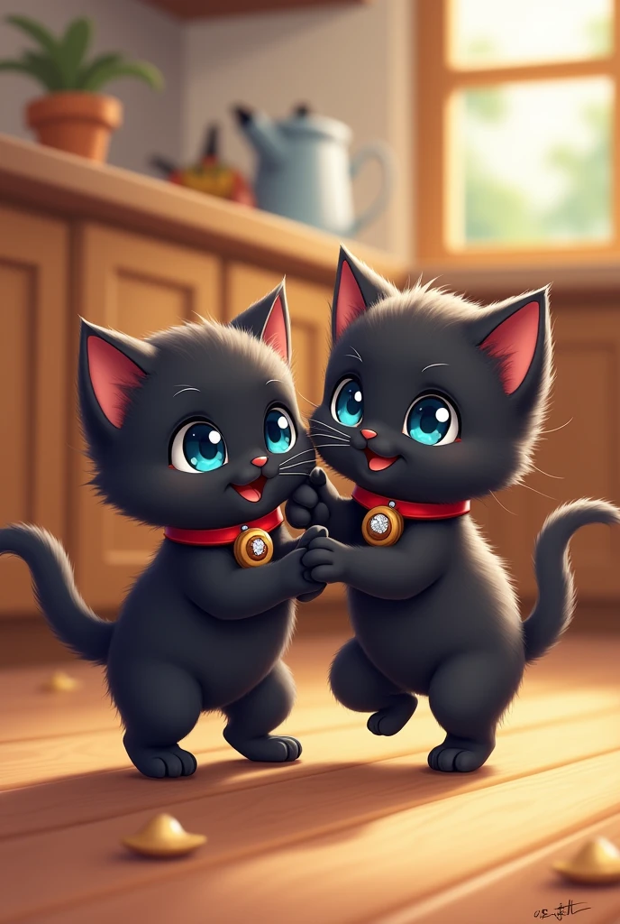 Illustration of two little black kittens with blue eyes, with a red collar with a golden bell, One of them with a brown button on his necklace and the other with a small diamond on his necklace, that they are playing in a kitchen