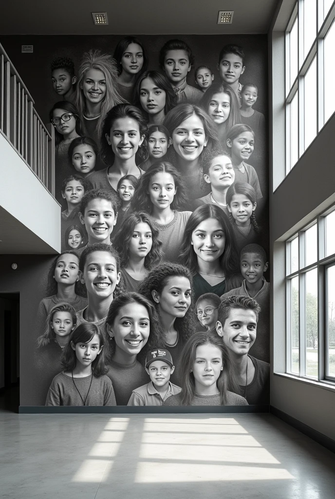 A school mural with black and white photos