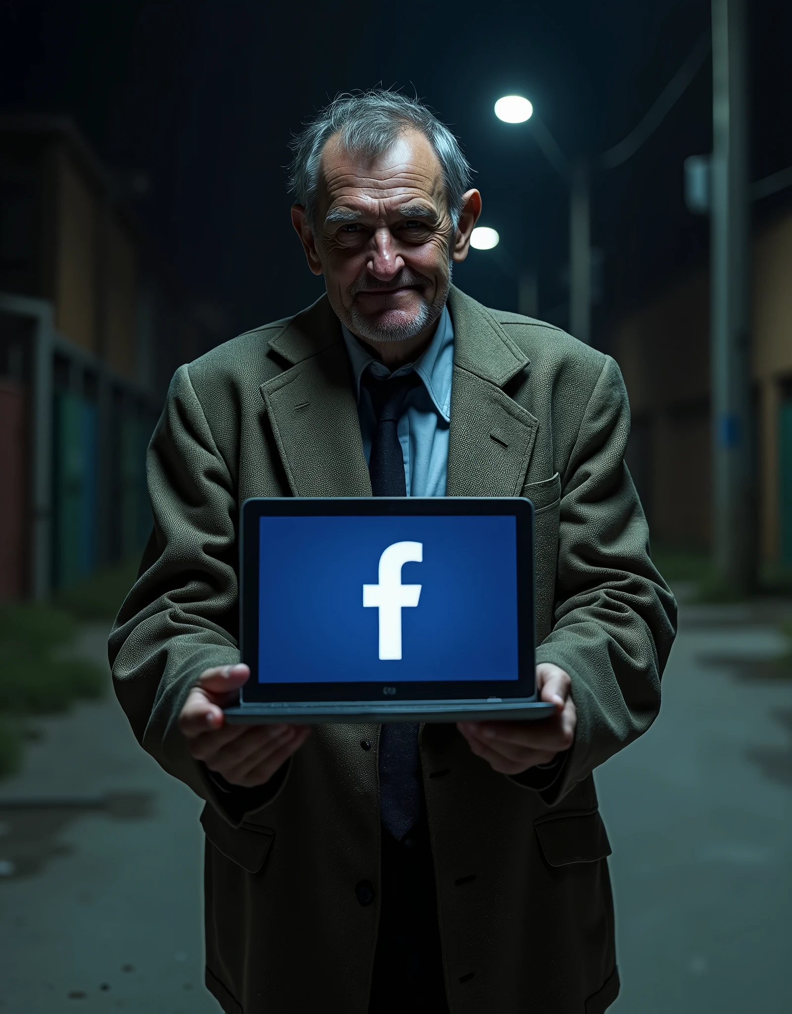 a thin 2 wearing a cheap old suit. the suit is big and uncomfortable. the man is holding a laptop with the facebook symbol and with a slight smile of embarrassment. It's night, the environment is dark and empty.