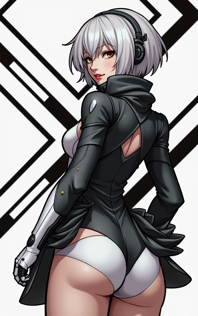 (masterpiece, best quality)), ((((perfect anatomy)))), Caucasian android woman with short silver hair, ((elaborate black dress)) (((white high cut leotard))), big butt, black eye-band, white and black gloves, digital black pattern background, (((realistic Action figure, toy close up, detailed figurine)))