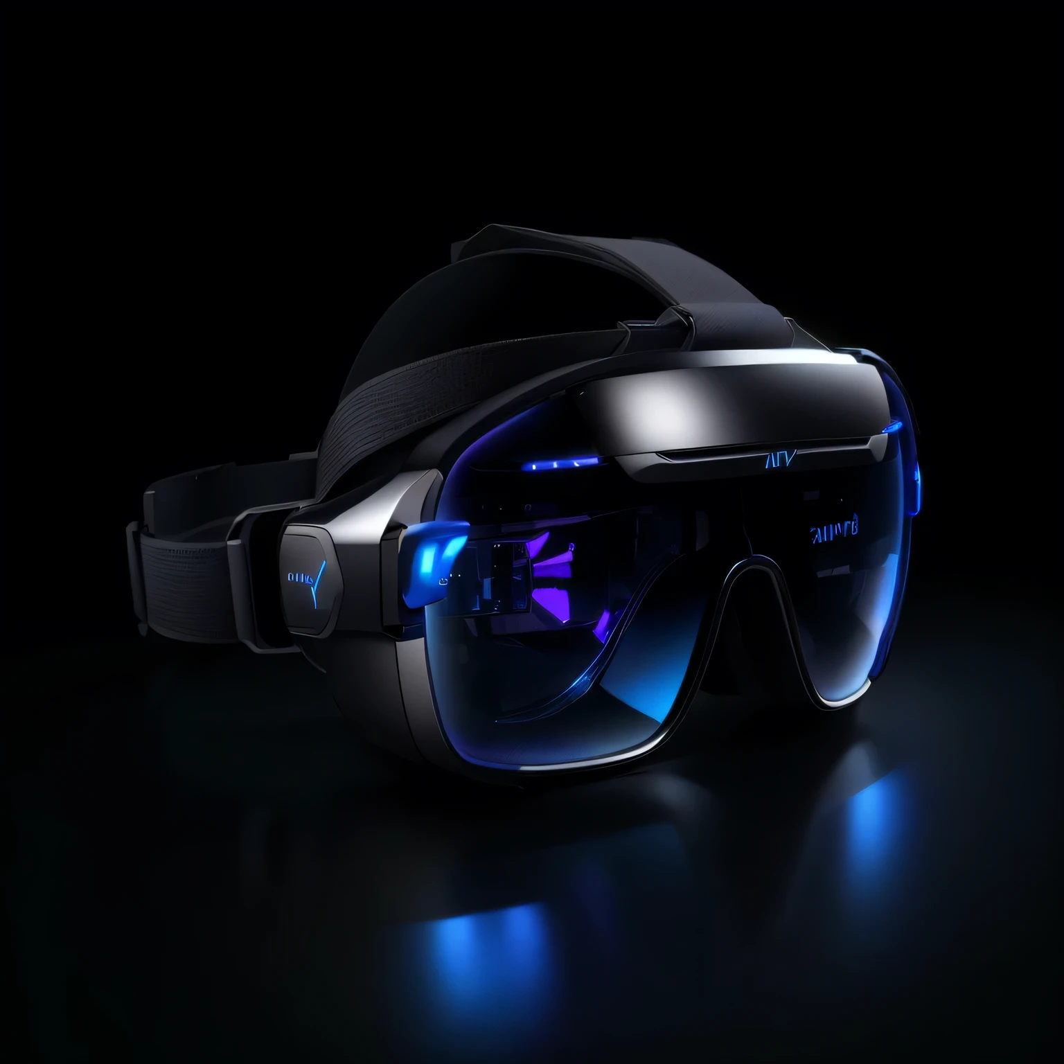 Há glasses de realidade virtual preto e azul com olhos brilhantes, futuristic glasses, oled glass visor head, glasses, stylish blue oled eye display, futuristic VR headset, holographic display lenses, glass oled mecha visor, oled visor for eyes, oled visor over eyes, Bright OLED display, Virtual reality glasses, 3 d goggles, Virtual reality glasses, VR headset