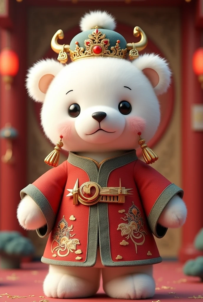 A white teddy bear dressed as a Chinese character