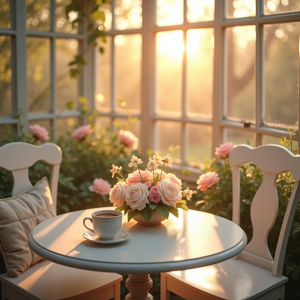 White round table,White chair,coffee,sunset,White and pink roses ,glass house,vintage