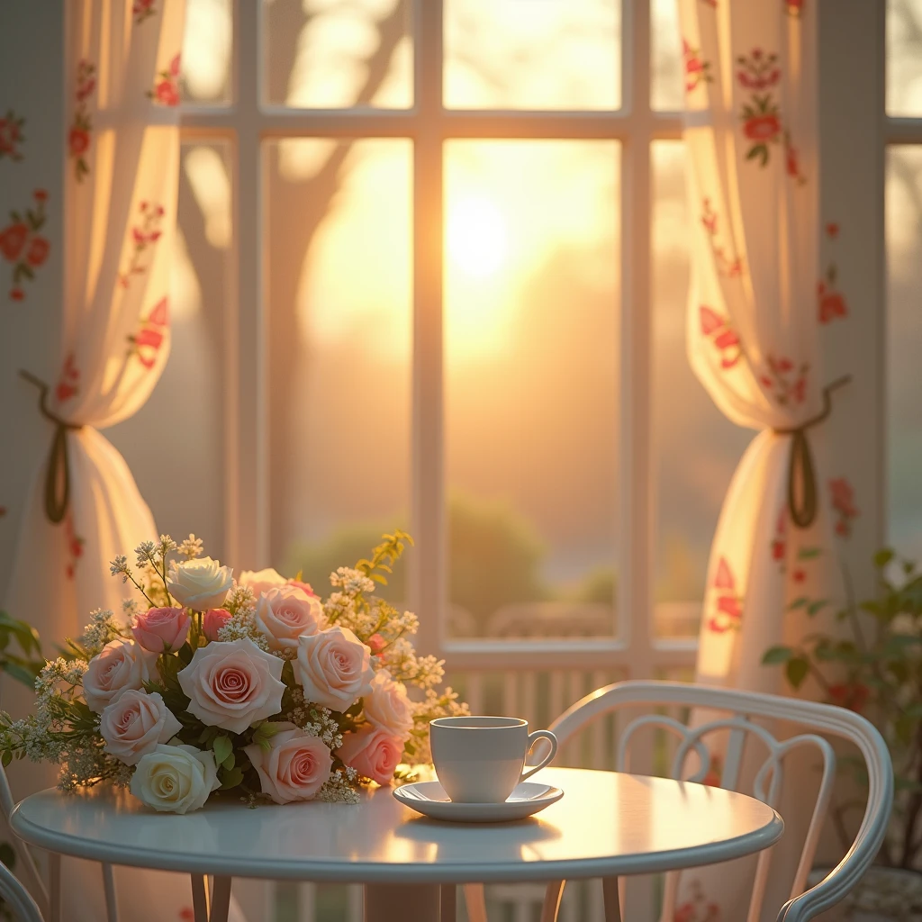White round table,White chair,coffee,sunset,White and pink roses ,glass house,vintage