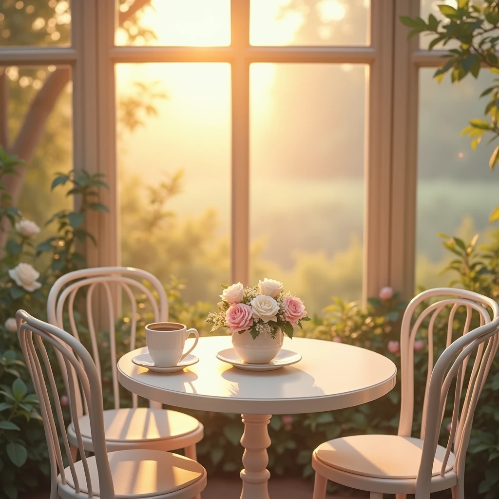 White round table,White chair,coffee,sunset,White and pink roses ,glass house,vintage