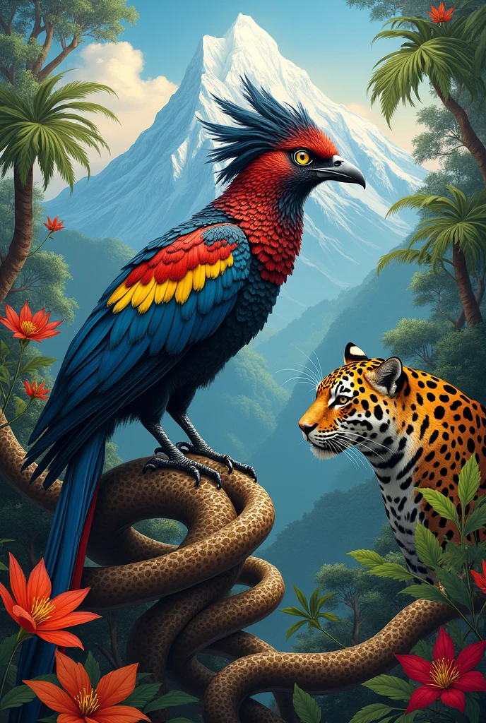 a close up of a painting of a bird with a mountain in the background, jaguar, ebay listing thumbnail, very detailed bd cover, inside an alien jungle, three animals, birthday card, insane quality, snake is surrounding them, peruvian, people didn't notice, engraved vector, fantastic artstyle