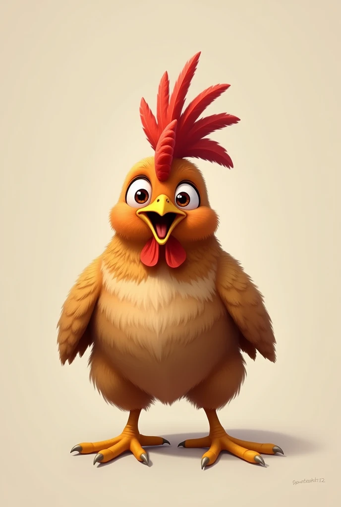 The chicken's hair is a mohawk、He seems surprised to notice it.