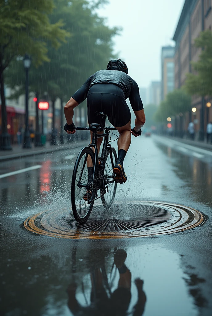 Road cyclist runs over wet manhole cover、Slipped and fell
