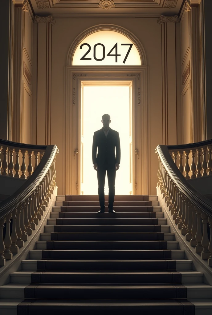 Create a man on top of a mansion staircase in front of a bright door.. Above the door it says 2047. The man is wearing casual but very elegant clothes.. black and white