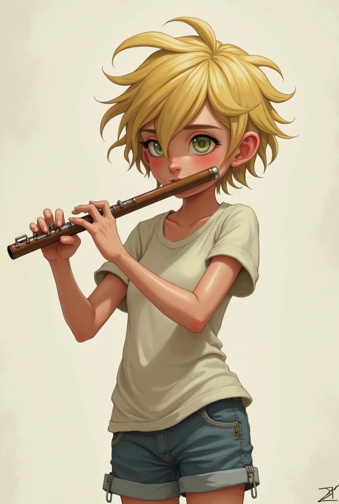 ugly blond with short hair wearing shorts and a t-shirt playing the flute