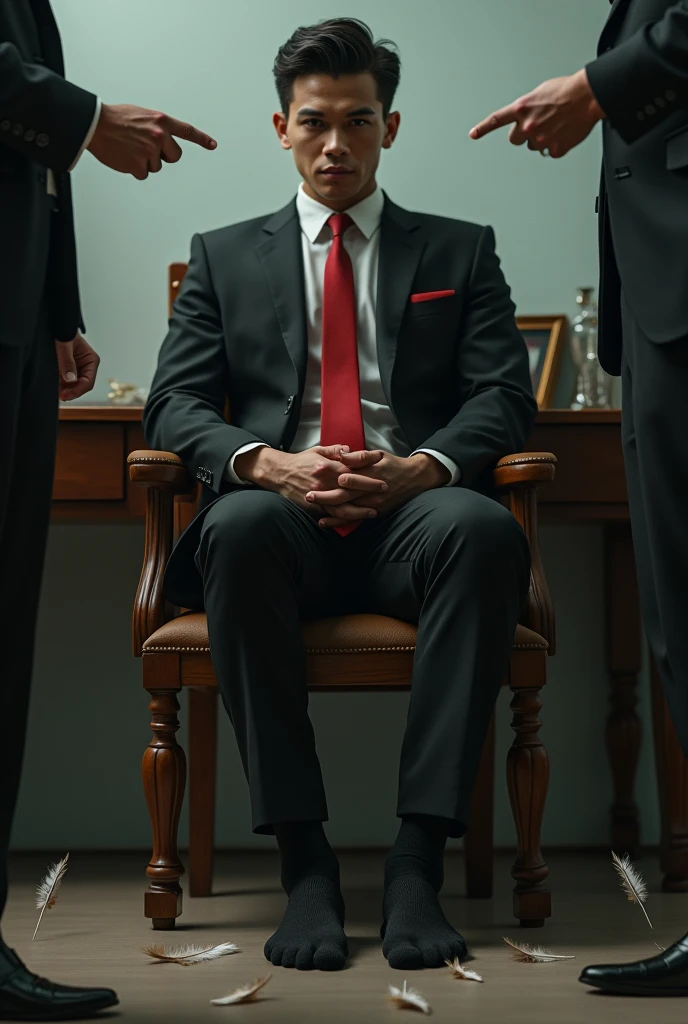 malay handsome 23 years 
His hand tied up behind with rope on woodenchair 
Feathers tickle soles 
Black Suit and Red tie
feet on desk
5 toes each feet 
Black stinky sock
Two mafia pinch thier nose