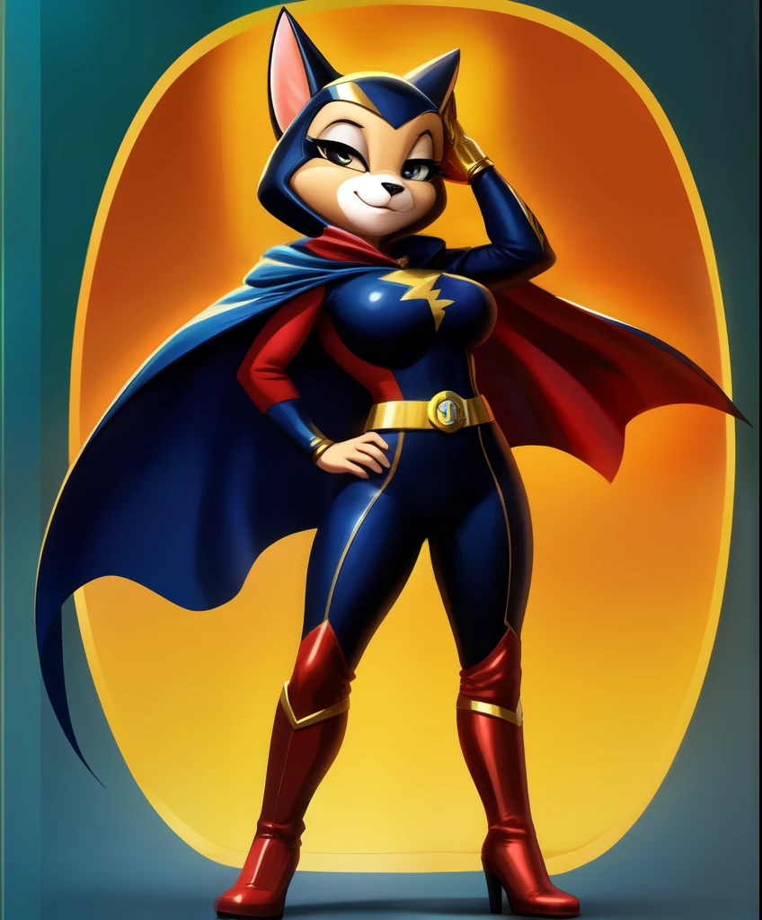 Ms. Marvel as a female Siamese cat, Color Scheme: The primary colors are red and blue, with gold accents throughout. Materials: The
suit appears to be made of a synthetic fabric like spandex or Lycra, allowing for flexibility and comfort. Components: * Jacket: A long-sleeved, fitted jacket with a high neckline and a bold, lightning-bolt-shaped design across the chest. * Pants: Red pants with a tapered leg and gold detailing. * Boots: Red, knee-high boots with a sturdy heel and gold accents. * Cape: A flowing blue cape with a gold trim. Overall Design: The costume is sleek and athletic, reflecting Ms. Marvel's youthful energy and superhero abilities. The bold color scheme and iconic lightning-bolt design are instantly recognizable as a tribute to the character, big boobs, tiny toons style