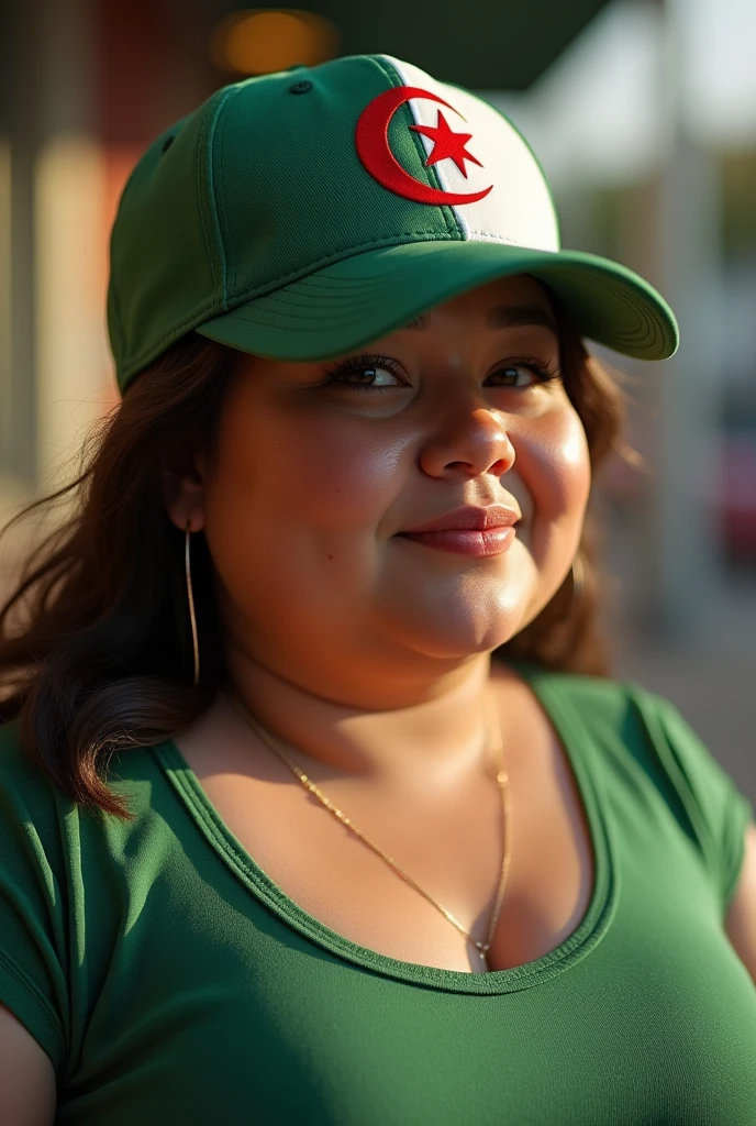 A fat woman wearing a green and white baseball cap with an Algerian flag on it. (front focus), ultra-realistic image, realistic images, dynamic lighting, art station, poster, volumetric lighting, side lighting, highly detailed faces, 4K, 