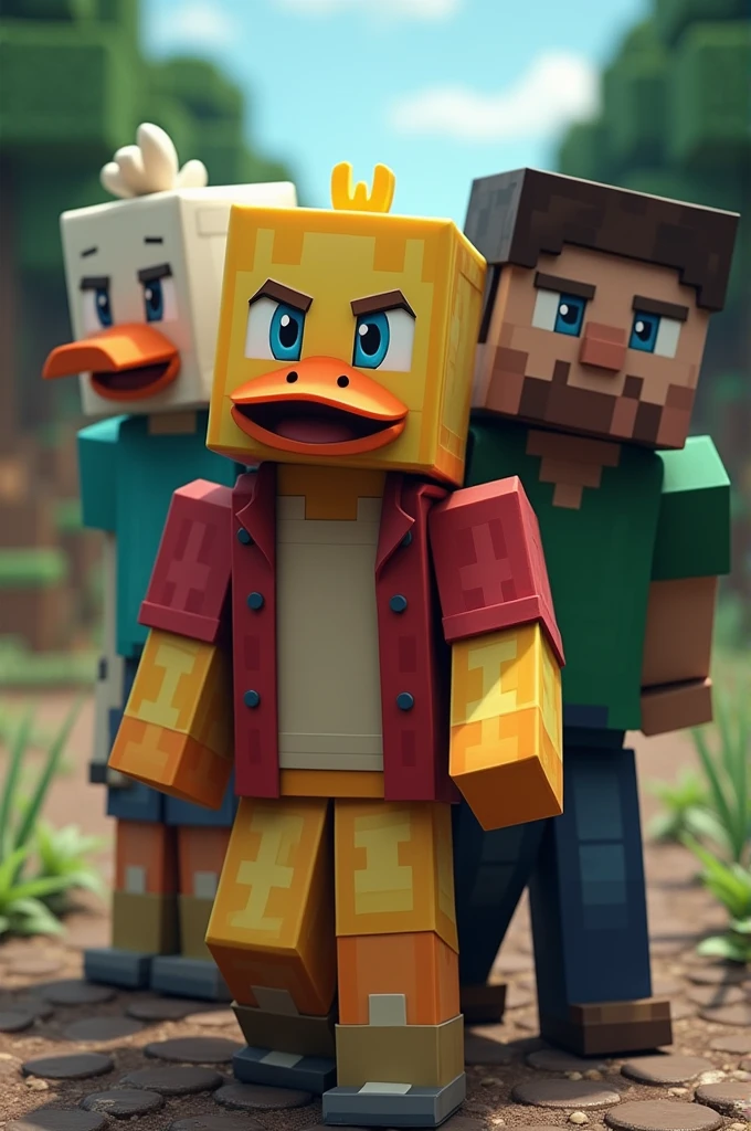 Create 4 characters with skins and called duck, maudo, Paco and Frank in reference to the Minecraft game that the 4 come out with a lot of flow but there are 4 and below each skin the names that I gave you come out